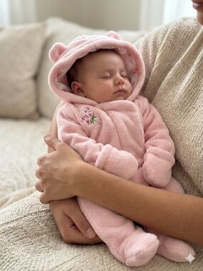 Quiltex Pink Plush Hooded Footed One-Piece Romper with Floral Embroidery